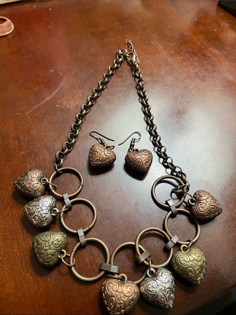 Mixed Metal Heart Charm Statement Necklace - Bronze and Silver Tones
